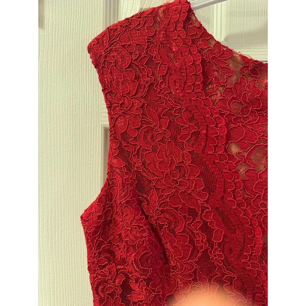 Lauren Ralph Lauren Evening Dress Red Lace Maxi Sz 14 Sleeveless Wedding Guest - Picture 9 of 15